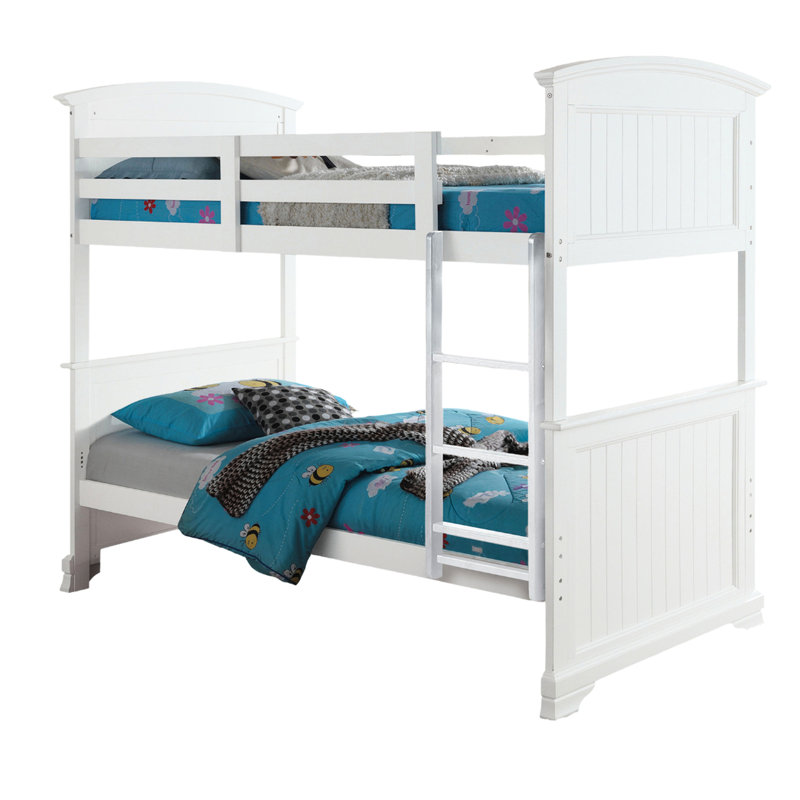 Lit superposé simple double transitionnel avec finition blanche, bois massif et bois d'ingénierie, tête de lit à panneau, réversible, pieds de support et système de verrouillage à insert Finition de style, conception de planche, pieds de joint