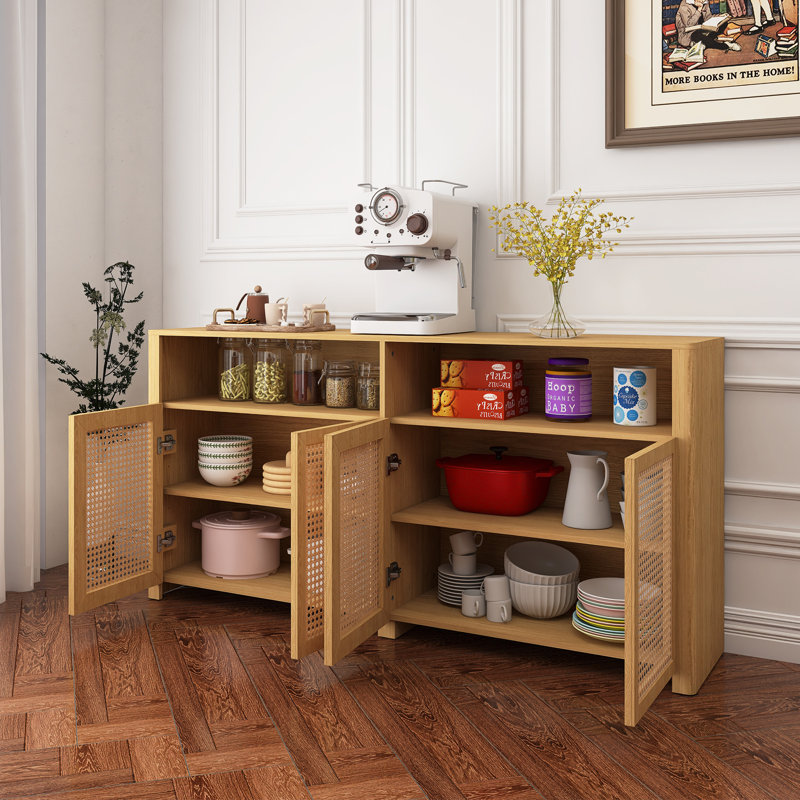 Buffet Mid-Century en rotin avec rangement, crédence de bar à vin rétro, Naturel