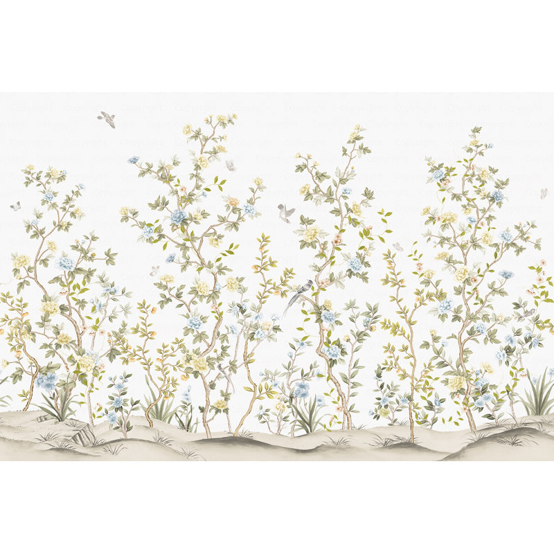 Papier peint floral peint à la main Whispering Blooms, Bleu, 110" L x 163" W