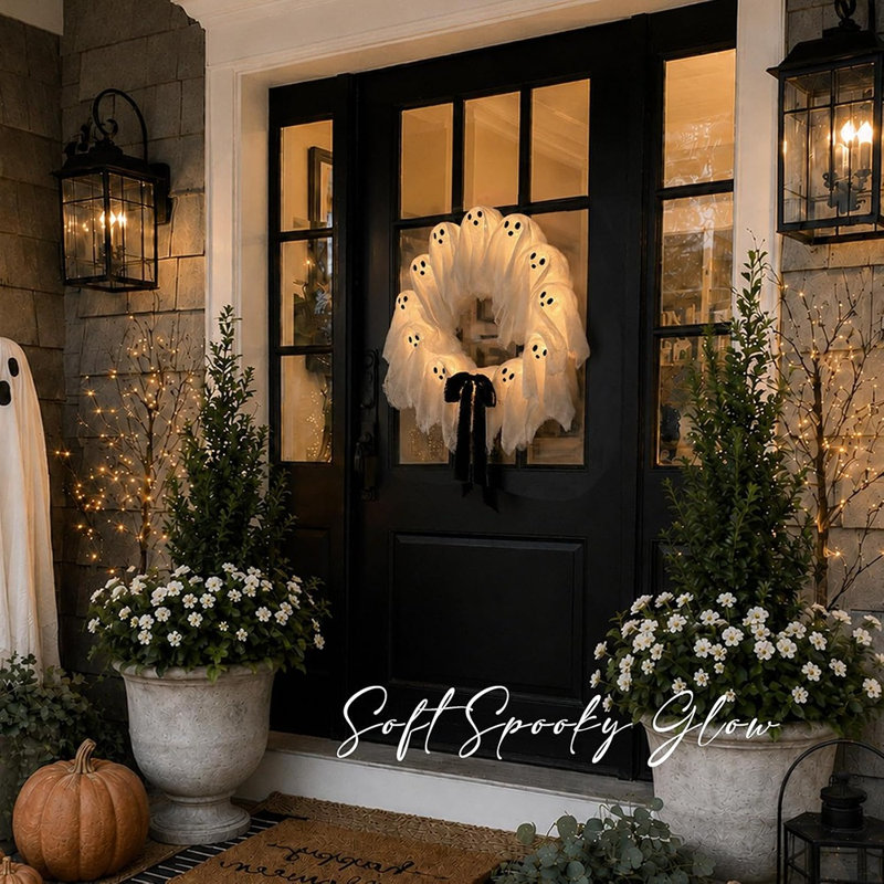 Couronne d'Halloween fantôme avec lumières, jolie décoration fantôme effrayante avec 8 modes d'éclairage, minuterie et télécommande, couronne festive pour porte d'entrée, porche, fenêtre, mur et décoration intérieure