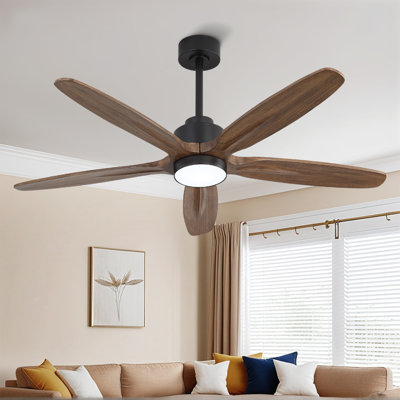 Ventilateur de plafond 54 po à 5 pales en bois massif avec moteur à courant continu et à télécommande intégré, noir et noyer