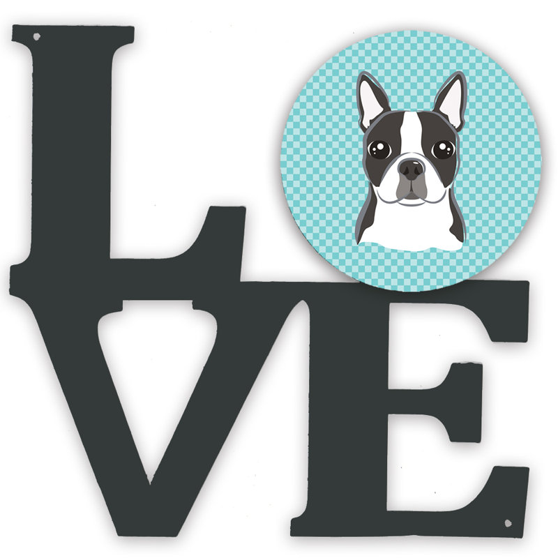 Décoration murale en métal love damier, Bleu, Boston-terrier