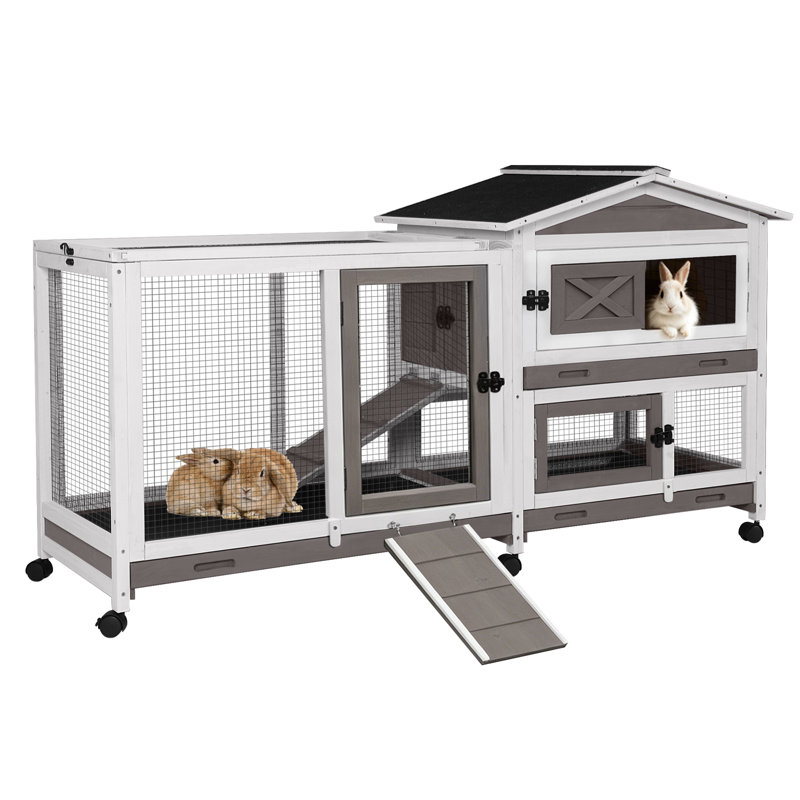 Cage à lapin intérieure et extérieure en forme de lapin 62 po avec roulettes et toit imperméable, plateau coulissant, gris