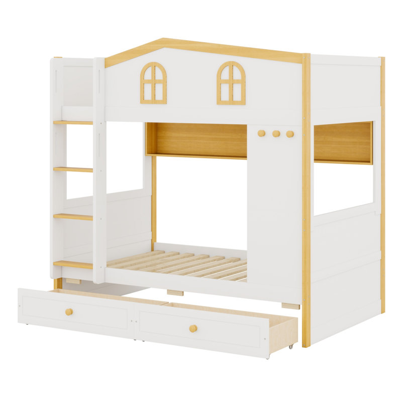 Bunk Bed with House Shaped Guardrails, Storage Shelves and Drawers, Twin over Twin