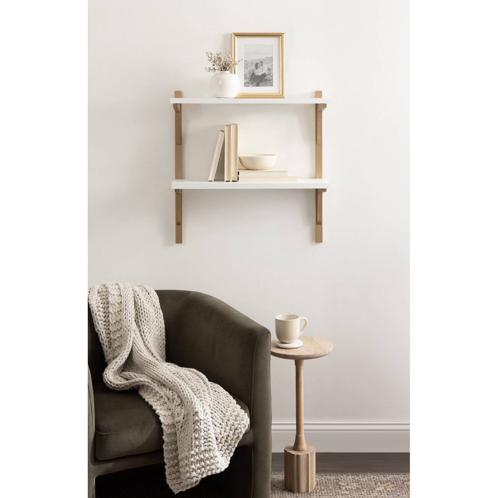 Baez Poplar Solid Wood Wall Shelf, White/Gold