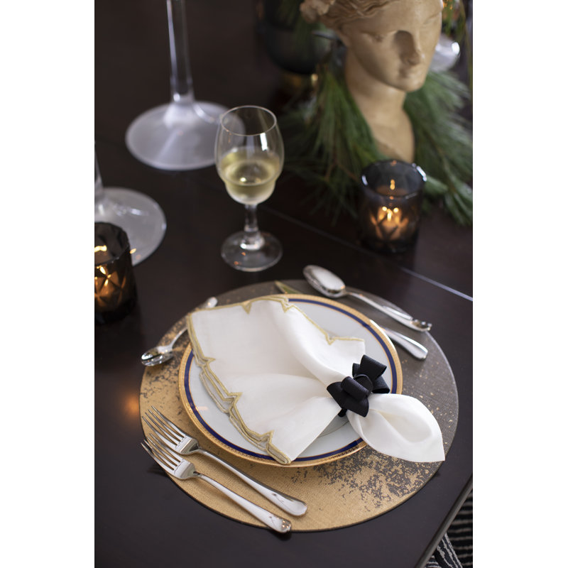 Divot Linen Napkin, White/Gold