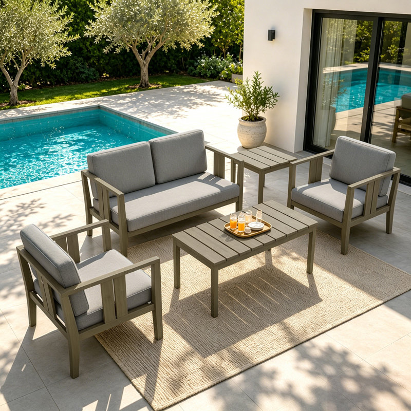 Ensemble de patio d'extérieur pour quatre personnes en teck avec coussins et deux tables Junco, Gris, Brun