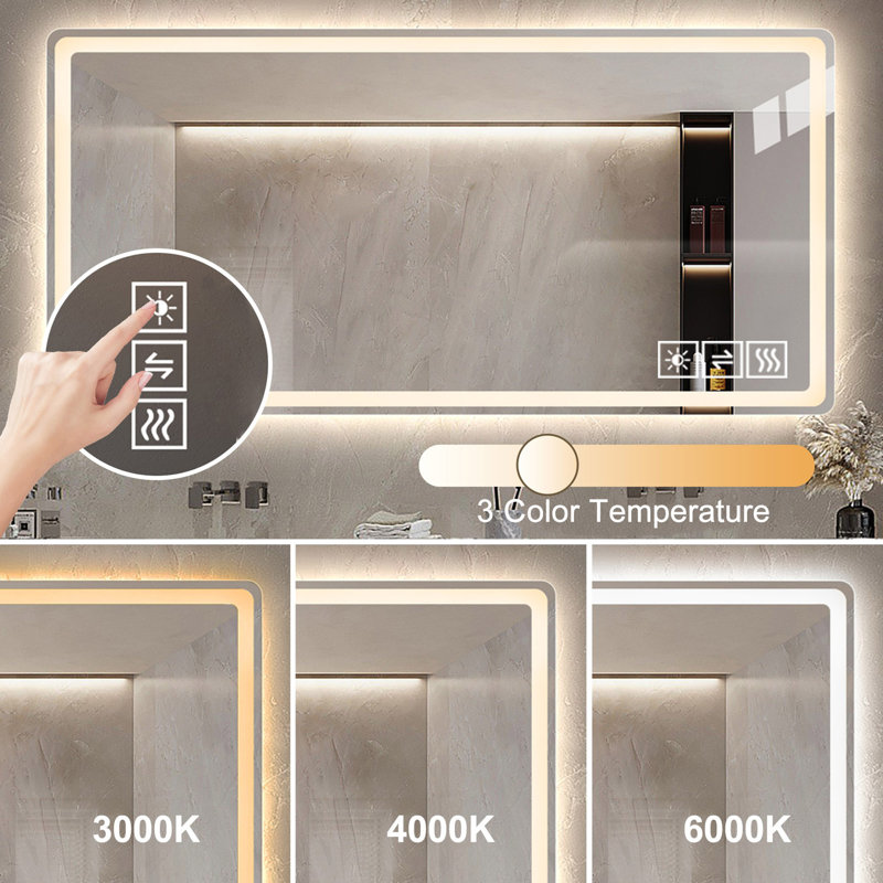 Miroir de salle de bain avec lumières à DEL avant et rétro-éclairé, anti-buée, pour miroirs de salle de bain à fixation murale, 3 couleurs et 5 niveaux de luminosité, horizontal / vertical