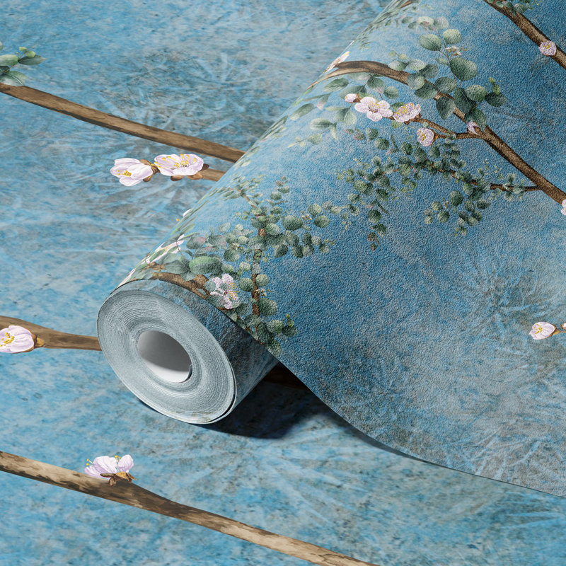 Élégante peinture murale cerisier en fleurs, Bleu, L 44,04 po x l 81 po