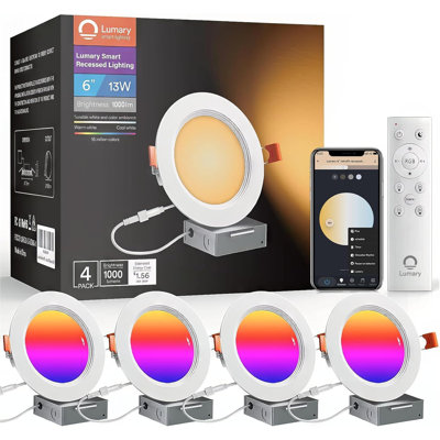 Éclairage encastré intelligent WiFi de 6 po Lumary avec garniture en métal antireflet et boîte en J, plafonniers sans cadre RVBWW, compatible avec Alexa / Google (paquet de 4)