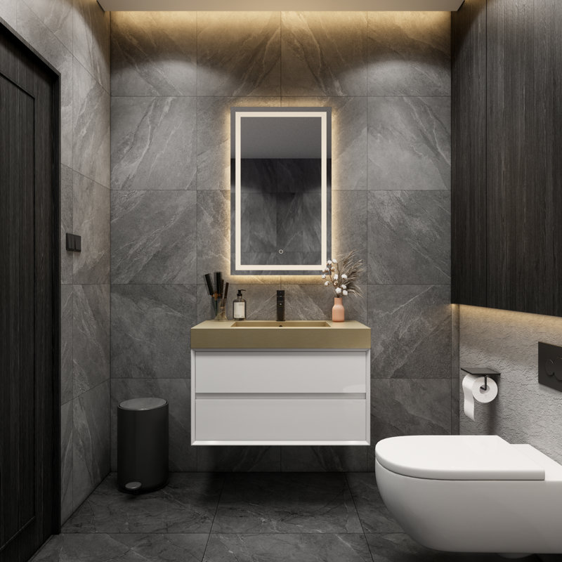 Meuble-lavabo mural blanc brillant de 36 po avec lavabo en acier doré Lux