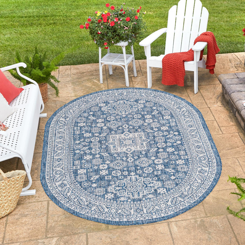 Outdoor Chand Rug Ivory-Blue Color, Oval 7'10" x 10'