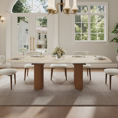 63-94.5" Modern Extendable Retangular Dining Table For 4-10, Sintered Stone Table Top, With Brown Wood Double Base