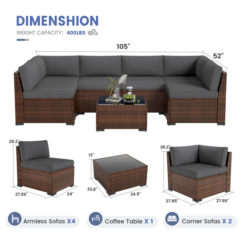 7 Piece Rattan Sectional Seating Group with Cushions, No, Gray