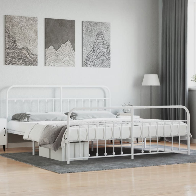Brender Metal Bed Frame with Headboard & Slats, No Mattress, Easy Assembly, California King, White