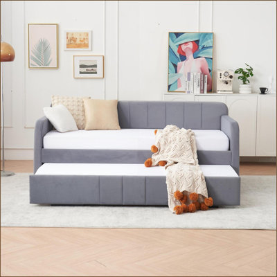 Twin Daybed with Trundle – Modern Sofa Bed for Bedroom/Living Room/Guest Room | Velvet | Light Gray