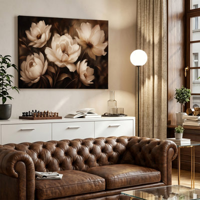 Vintage Dark Background White Magnolia Floral Impasto Oil Painting Canvas Art, Wrapped Canvas, Ready to Hang