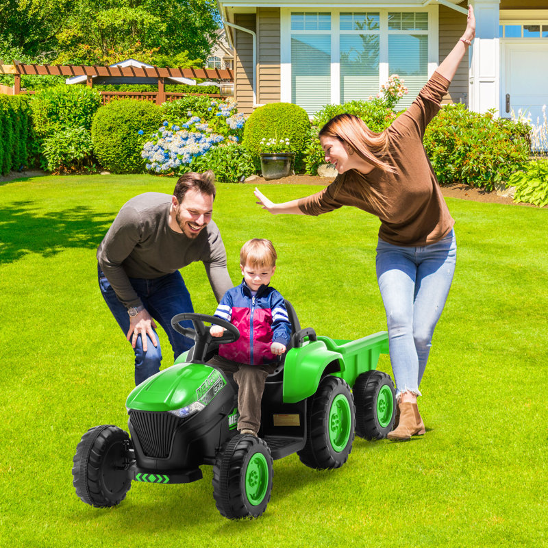 Green 12V Kids Ride-On Tractor with Remote Control and Trailer