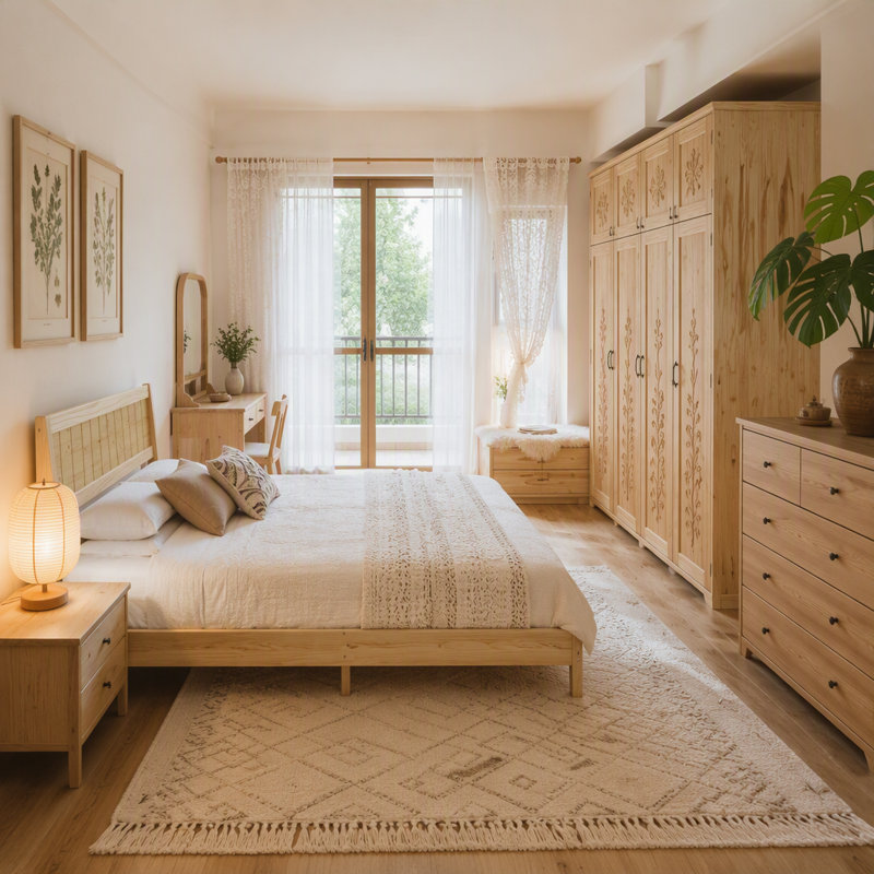 Base de lit plateforme avec tête de lit, support en lattes de bois, Très grand lit, Natural