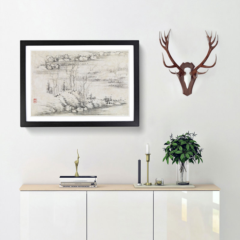 Landscape Sketch by Gong Xian - Framed Print, 36cm H x 48cm W x 2cm D, Black Framed