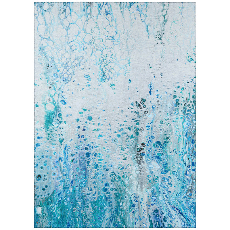 Tapis bleu abstrait tissé à la machine, Rectangle 3 pi x 5 pi
