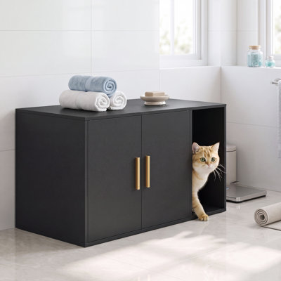 Enceinte de litière moderne pour chat avec portes de rangement, table d'appoint cachée pour chat, salle de bain en bois pour animaux de compagnie avec poignées dorées pour petits chats moyens