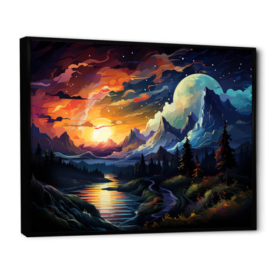 «Yellow Lakeside Mountain Sunset Wonderland II», art mural forêt et rivière