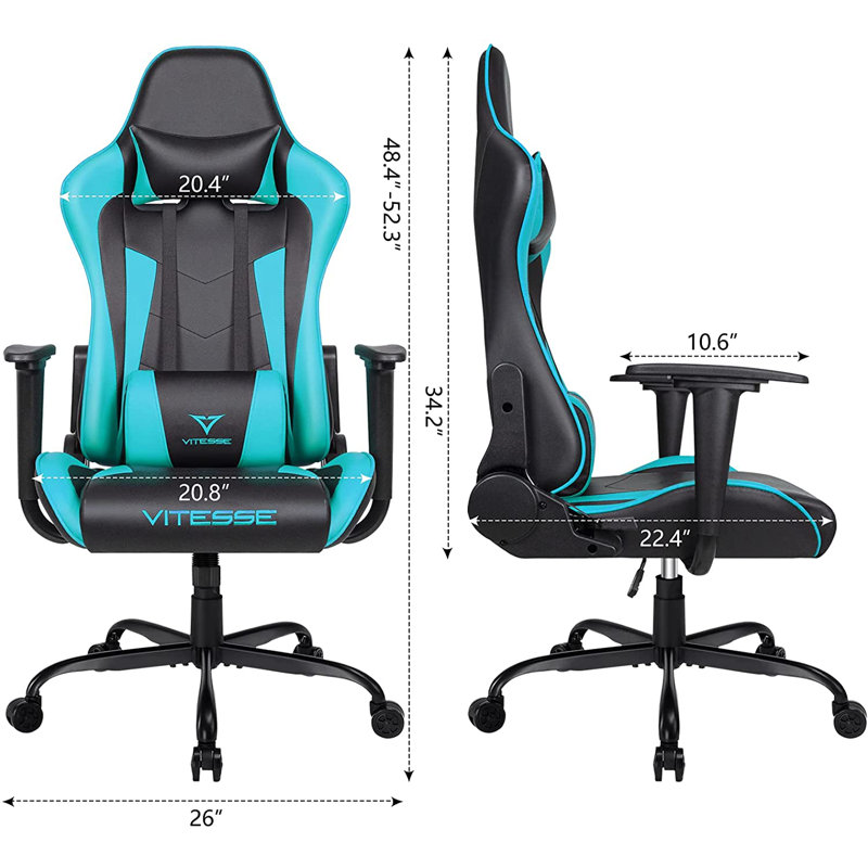 Fauteuil de jeu ergonomique avec support lombaire et appui-tête, Noir/bleu