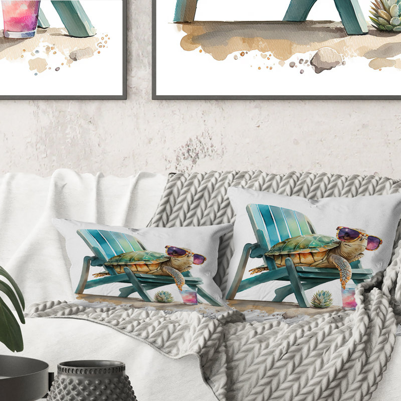 Turtle Laying On A Beach Chair With Sunglasses I - Animals Printed Throw Pillow, 18"H x 18"W