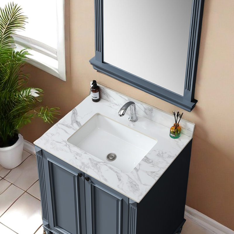 Meuble-lavabo 31 po x 22 po en pierre frittée avec dosseret en céramique blanc avec dosseret élégant et pratique, Simple