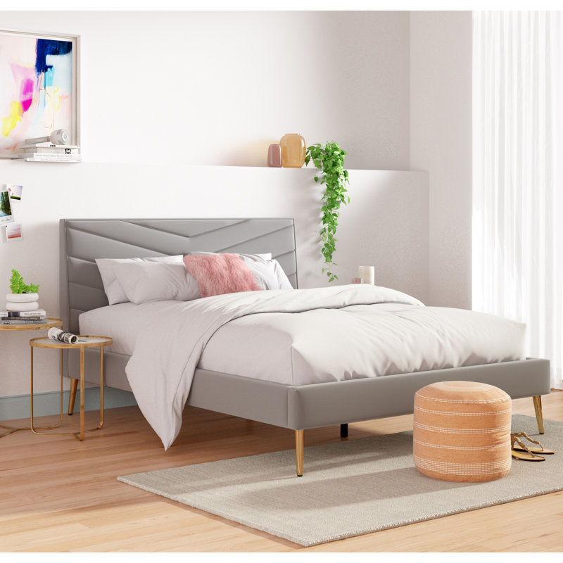 Nila Carrie Upholstered Platform Bed, Plush Tufted Velvet Headboard with Chevron Stitching, Gray, Queen