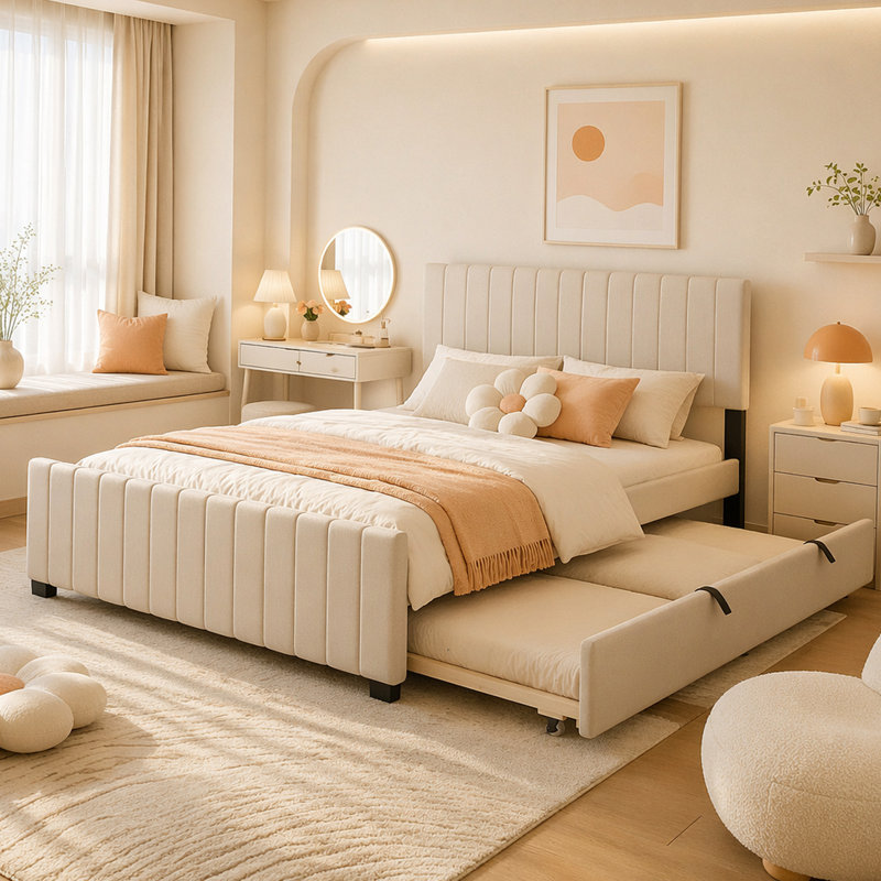 Full Size Velvet Upholstered Platform Bed with Twin Size Trundle, Beige