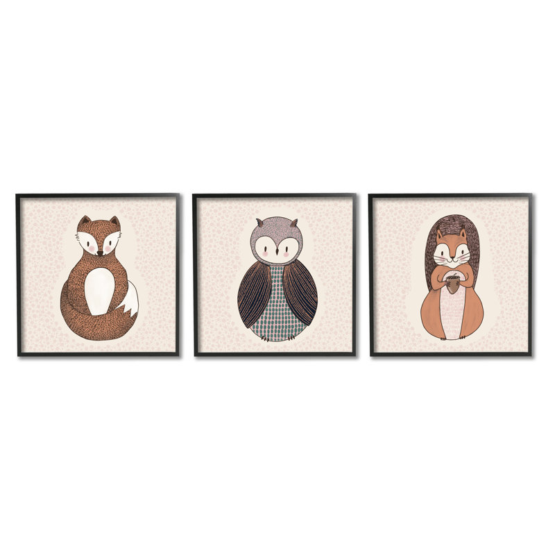 Portraits d'animaux stylisés, écureuil, écureuil, chouette, ensemble de 3 impressions sur bois, Giclée encadrée noir minuit