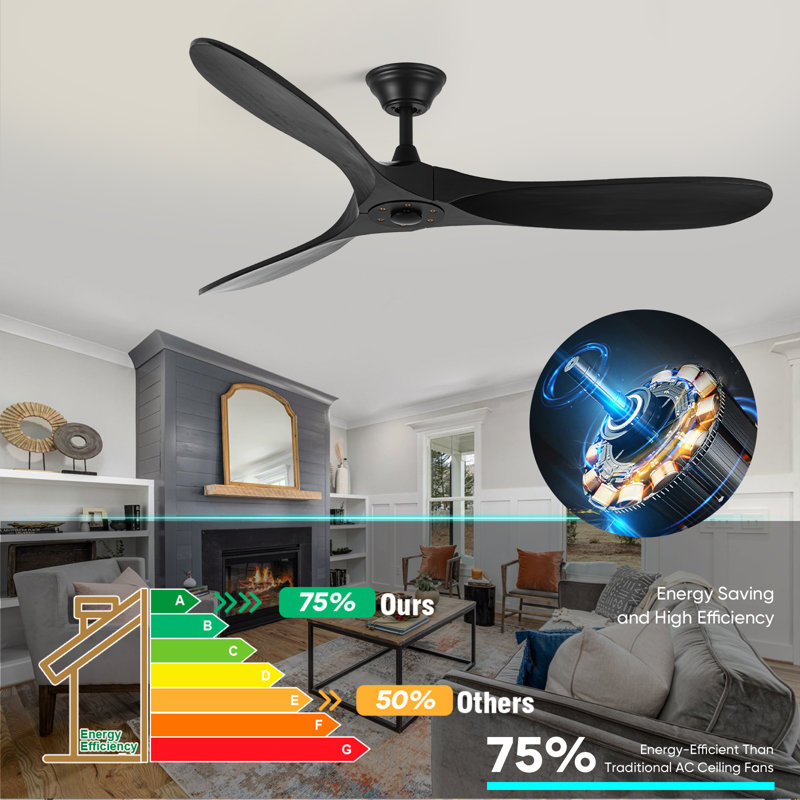 Solid Wood Ceiling Fan with  Remote, Black, 152cm