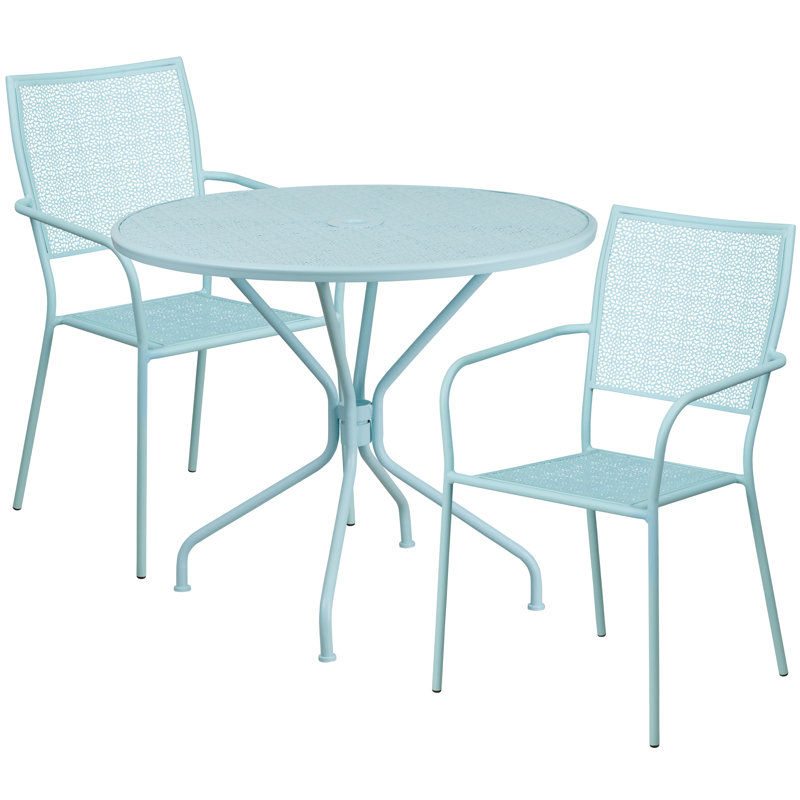 Meranda 35.25'' Round Indoor-Outdoor Steel Patio Table Set with 2 Square Back Chairs, Sky Blue