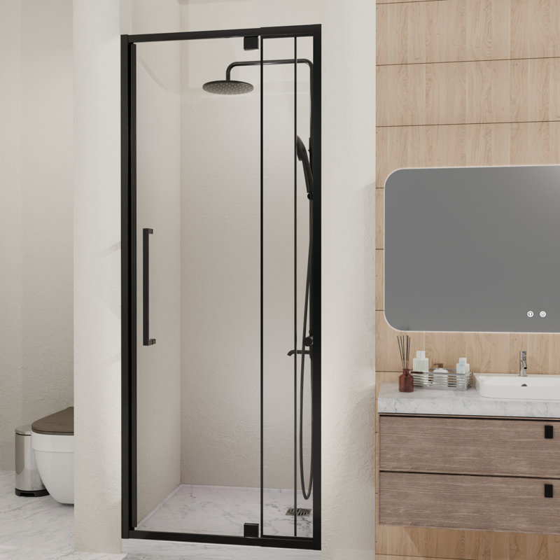 44 - 48 In. Wide Semi Pivot Hinged Glass Shower Door 72 High, 1/4"  6Mm  Tempered Glass, Matte Black, Reversible, Adjustable For Irregular American Design Bathroom Wall Spacing, Waterproof Modern