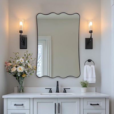 Contemporary Wavy Scalloped Rectangle Bathroom Vanity Mirror | Stainless Steel Frame