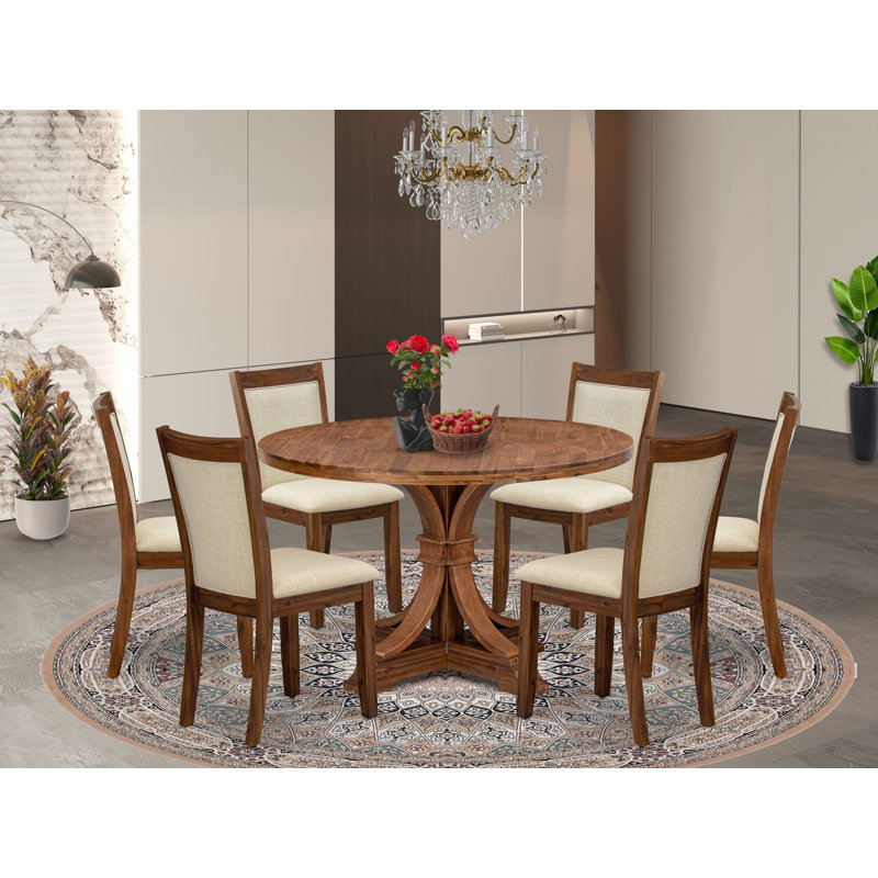 Ensemble de table de salle à manger moderne 7 pièces comprenant une table de cuisine à piédestal et 6 chaises en tissu de lin beige clair avec dossier rembourré - Noyer antique