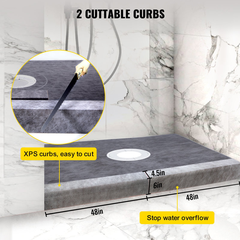 Shower Curb Kit, 48/"X72/" Watertight Shower Curb Overlay With 4/" PVC Central Bonding Flange, 4/" Stainless Steel Grate, 2 Cuttable Shower Curb And Trowel, Shower Pan Slope Sticks Fit For Bathr