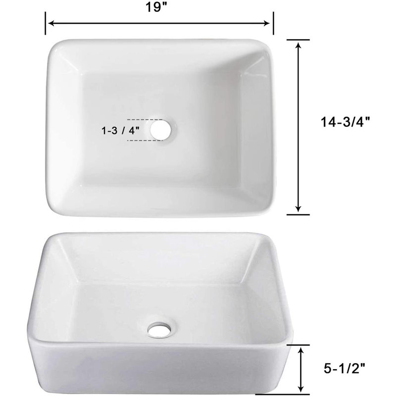 Lavabo de salle de bain 19 po x 15 po Lavabo de comptoir blanc en porcelaine