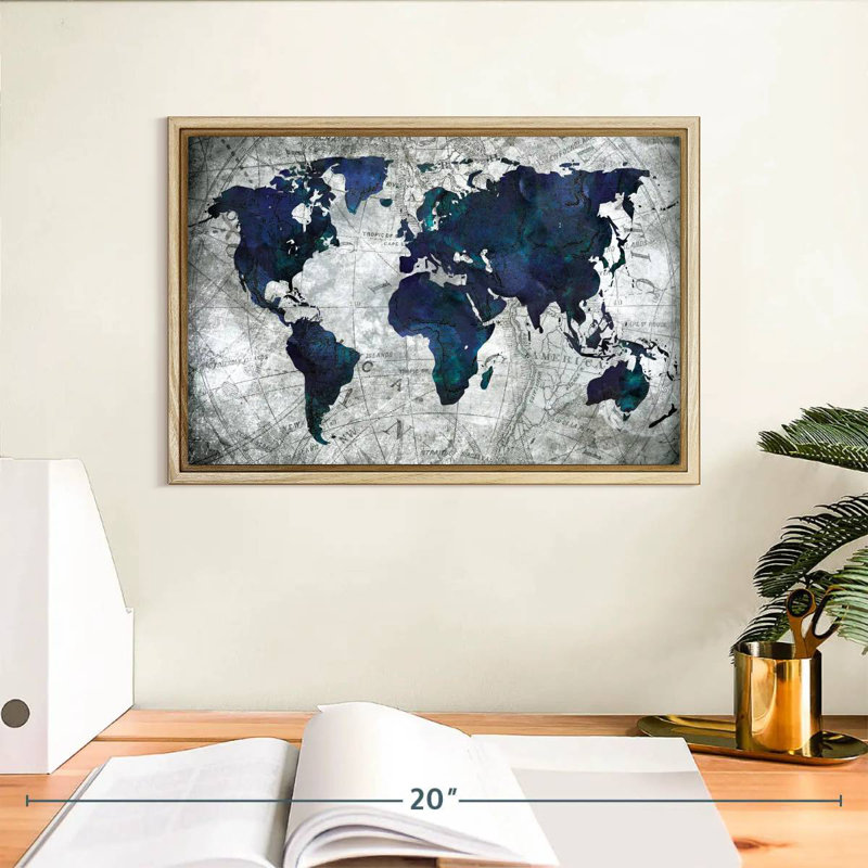 Carte du monde, 13 po x 9 po, Cadre flottant en bois naturel
