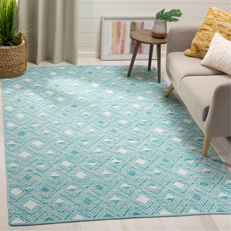 Tapis turquoise / ivoire en coton tissé à plat à la main Dominica, Rectangle 5 pi x 8 pi