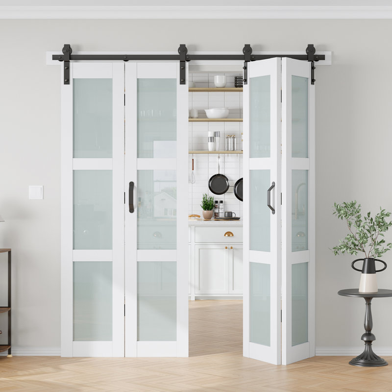 Porte de grange pliante en verre et en bois manufacturé massif avec trousse de quincaillerie d'installation, 72 po x 84 po, 4