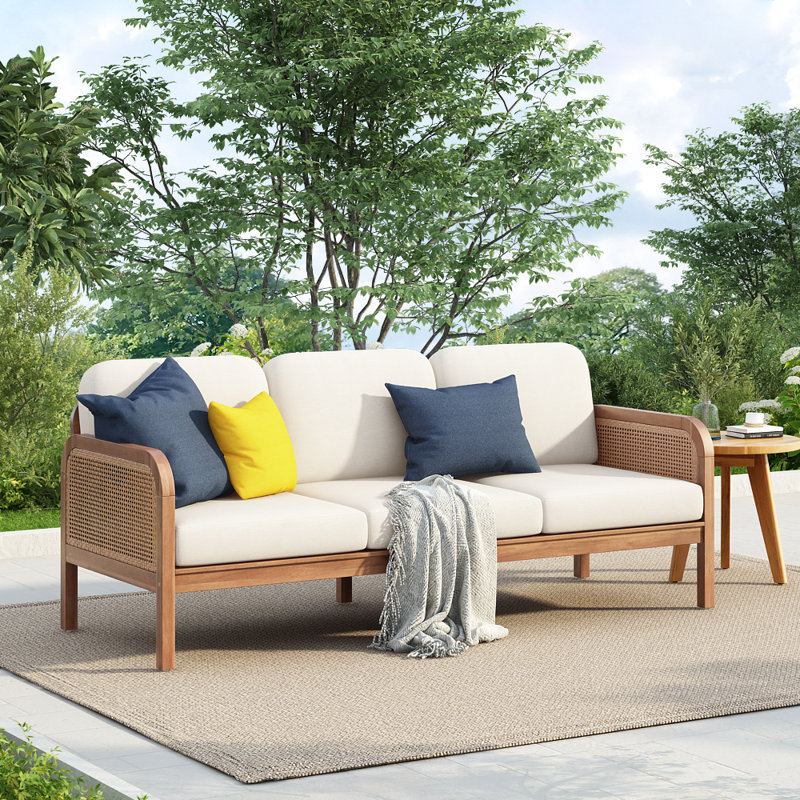 Pike Modern Coastal Acacia Wood HDPE Wicker 3-Seater Outdoor Sofa with Water-Repellent Cushions