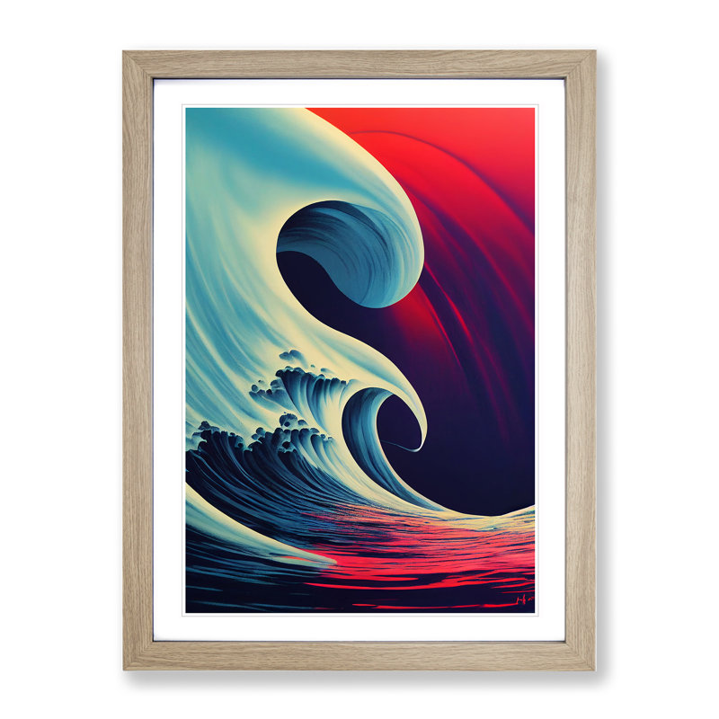 Sunset Ocean Wave Illustration No.2 - Single Picture Frame Painting, 34cm H x 25cm W x 2cm D, Oak Framed