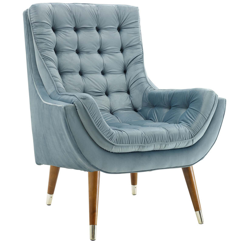 Suggest Button Tufted Upholstered Velvet Lounge Chair, Light Blue