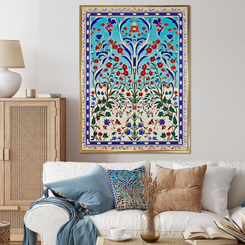 Carreaux bleus marocain, porte I - art mural abstrait, Cadre flottant doré, H 44 po x l 34 po