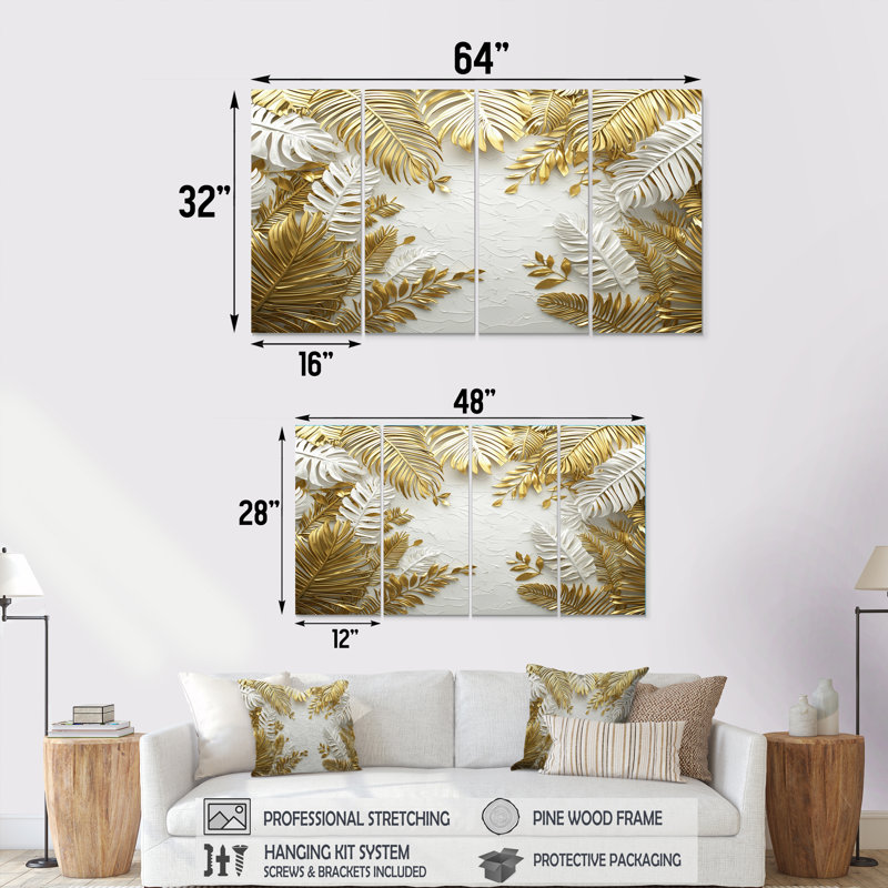 Golden Cream Palms ReunionI - Art mural crème - Toile d'art murale traditionnelle, 4, H 28 po x l 48 po