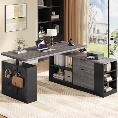 L Shaped Standing Desk, 53" Adjustable Corner Desk With Storage Drawers And Pegboard, Standing Computer Desks With Power Outlets For Home Office, Gray