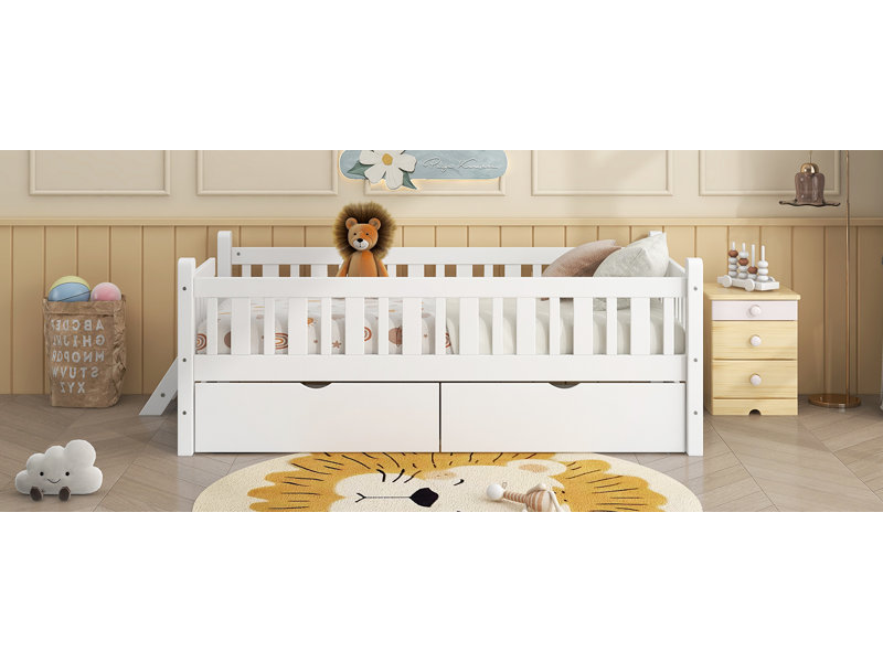 Lit plateforme simple en bois avec garde-corps et 2 tiroirs, blanc